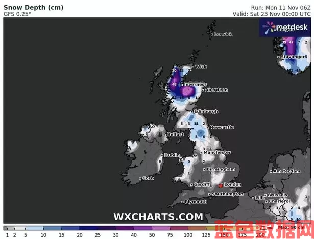 灰机@hz2333降雪地图准确显示了整个英国遭遇18英寸大雪的时间